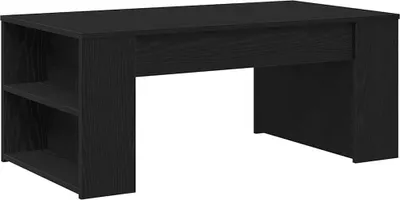 A black wooden coffee table with two shelves on the left side, shown against a white background.