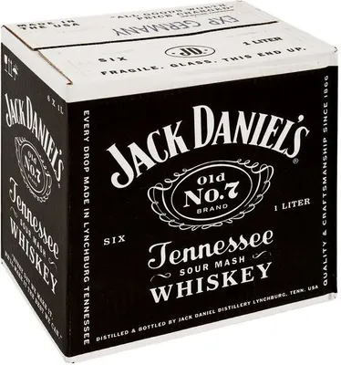 A cardboard box containing six 1-liter bottles of Jack Daniel's Old No. 7 Tennessee Whiskey.