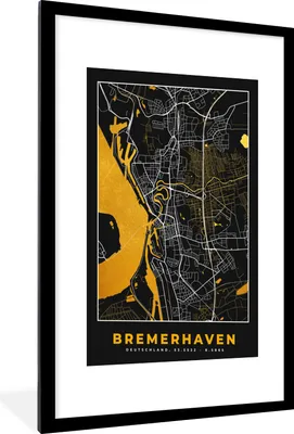 Produktbild von MuchoWow® Gerahmtes Poster Bremerhaven - Gold - Stadtplan - Karte - Deutschland 60x90 cm - Poster mit Schwarzem Bilderrahmen Wandposter Rahmen Foto Bilder - Dekoration - Wandposter Wohnzimmer - Hochwertig
