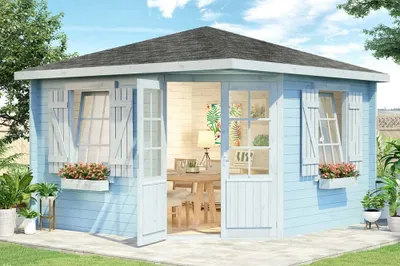 Produktbild von Alpholz 5-Eck Gartenhaus Monica Royal Gartenhaus aus Holz in Imprägnierung Pinie, Holzhaus mit 28 mm Wandstärke, Blockbohlenhaus mit Montagematerial