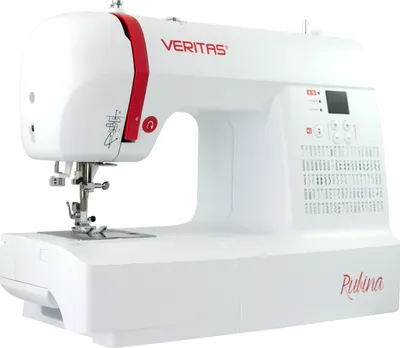 A white Veritas Rubina computer sewing machine with red accents is shown against a white background.
