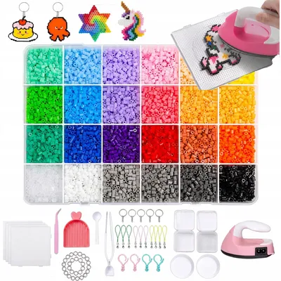 Zdjęcie produktu dla Zestaw koralików do prasowania, 12 000 sztuk (mini, 2,6 mm) | W zestawie mini żelazko i akcesoria | Zestaw do tworzenia obrazków w stylu pixel art |