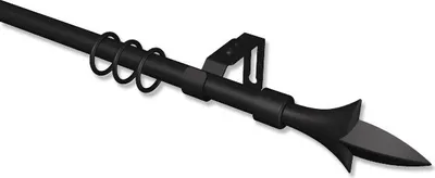 A black curtain rod with rings and a decorative finial on a white background.