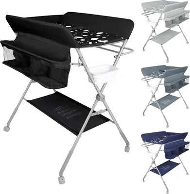 Image de Table à langer pour bébés Table à langer pliable, mobile avec matelas à langer, ceinture de sécurité et compartiments de rangement Noir