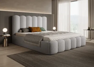 Produktbild von Bett mit Stauraum BEAUCLAIR und komfortablem Kopfteil, DoppelBett 180x200 cm - Bouclé-Stoff Grau