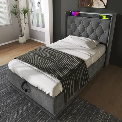 Produktbild von okwish Boxspringbett Polsterbett 90 x 200 cm mit Kopfteil mit USB&Typ-C-Ladeanschluss, Hydraulisches Stauraumbett mit Bettkasten Stauraum und mit LED-Beleuchtung(Ohne Matratze)- Leinen Grau