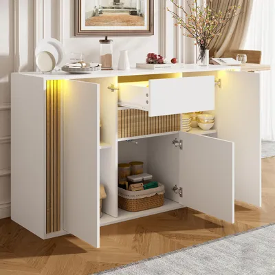 Produktbild von STILVORA Sideboard 140x40x82cm mit 3 Türen und 1 Schublade, Kommode mit verstellbarer LED-Beleuchtung, Anrichte mit Holzmaserung, Weiß
