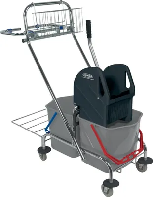 A cleaning cart with two buckets and a wringer.