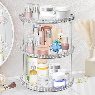 Produktbild von Unyqoos® 360° drehbarer Kosmetik- & Hautpflege-Organizer, 3 Etagen, platzsparend für Bad & Tisch, stabile Kunststoffkonstruktion mit rostfreien Kugellagern