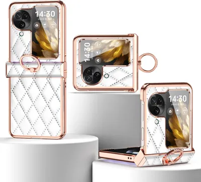 Produktbild von Luxus Leder Muster Galvanik Handyhülle für Oppo Find N3 Flip mit Ringhalterung und Scharnierschutz Weiß