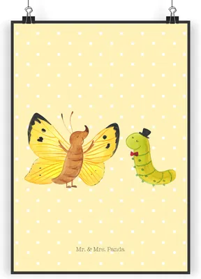 Produktbild von Mr. & Mrs. Panda Bild Raupe Schmetterling DIN A3 - Gelb Pastell - Geschenk, Plakat, Zitronenfalter, Hut, Entwicklung, Kokon, Lustige Sprüche, Wandschmuck, drucke