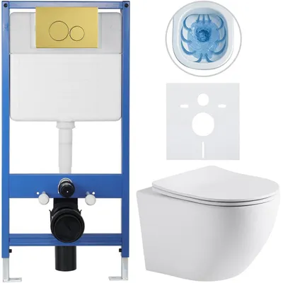 Obrázek produktu pro Kompletní podomítkový WC set Lite/Cesso - bílá matná - WC tlačítko Duo, zlatá - předstěnová instalace - 49x36 cm