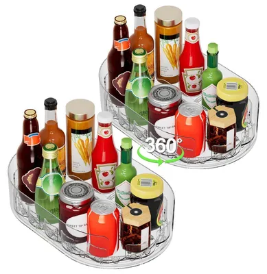 Image de Organisateur de réfrigérateur rotatif, modèle "Lazy Susan", dimensions 33 x 22 cm, transparent, rectangulaire, lot de 2, en plastique PET