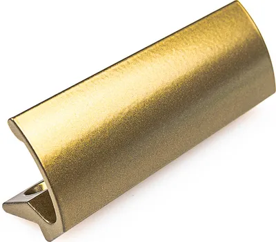 A close-up studio shot of a single bronze-colored door handle on a white background.