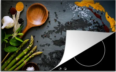 Produktbild von KitchenYeah© Herdabdeckplatte Gewürze - Schöpfkelle - Küche , 85x52cm, Küche Deko, Glaskeramikkochfeld Herdabdeckung, Abdeckplatte fùr Kochfeld