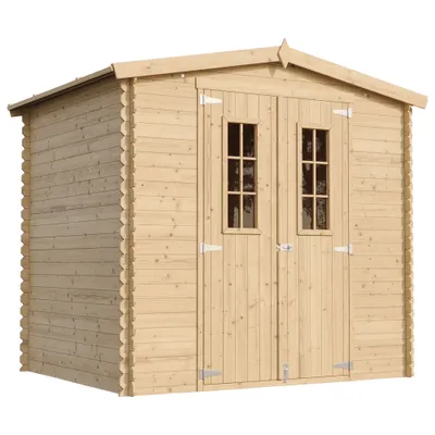 A wooden garden shed with double doors and two windows.