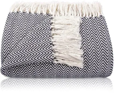 Obrázok produktu pre Unyqoos® Luxusná prikrývka, 100% bavlna, 260 g/m², vzor "rybia kosť" a 10 cm franjky, 220 x 240 cm – prikrývka na pohovku a posteľ