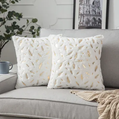 Produktbild von 2er Set Plüsch Kissenbezug 45 x 45 cm Gold Feder Dekokissen Kissenhülle für Couch Sofa Home Bett Deko, Weiß