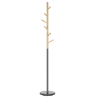 Produktbild von Kleiderständer ENRICO mit 6 Haken, Grau/Natur – stabile Standgarderobe aus Metall und massivem Kiefernholz, platzsparendes Design für Flur Büro und Empfangsbereich