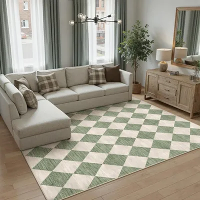 Immagine prodotto di Tappeto 160x230 cm, verde, lavabile, moderno, a motivi quadri, in poliestere
