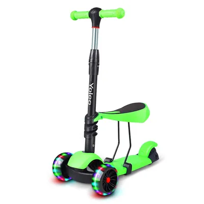 Produktbild von Yoleo 3-in-1 Kinder Roller Scooter mit Abnehmbarem Sitz, LED große Räder, Höheverstellbaren Lenker für Kleinkinder Jungen Mädchen ab 2 Jahre (Grün)