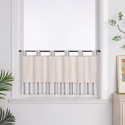 Produktbild von Joyswahl Scheibengardine mit Schlaufen Leinen Bistrogardine mit grauen Streifen Küche Gardinen landhausstil Kurzstores Beige HxB 60x145cm