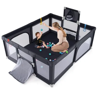 Produktbild von COSTWAY Laufstall Baby, Laufgitter mit Basketballkorb, Fußballnetzen, 50 Ozeanbällen & Griffen, Krabbelgitter mit Netz, Tragetasche, Dunkelgrau