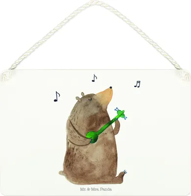Produktbild von Mr. & Mrs. Panda Schild Bär Gitarre DIN A4 - Weiß - Geschenk, Wandbild Holz, Türschild, holzbild, kleine aufmerksamkeit, Teddy, Holzschild