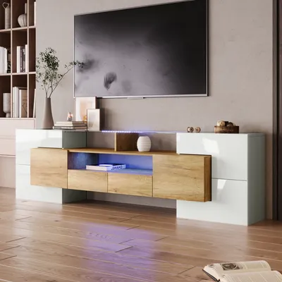 Produktbild von MODFU Stilvoller TV-Schrank, Lowboard, hochglänzendes Weißes TV-Ständer mit LED-Beleuchtung und Glasoberfläche 200 cm L Natur