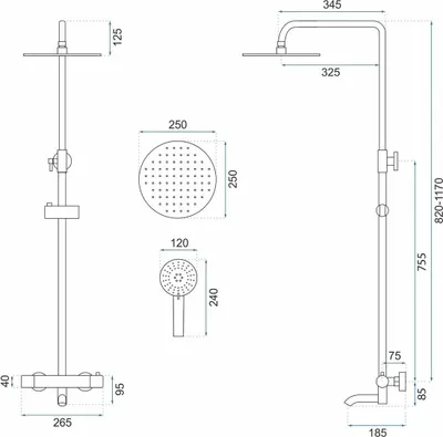 Technical drawing with dimensions of a shower set.