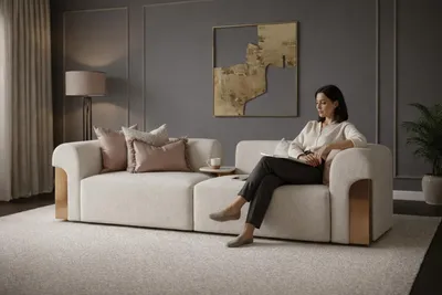 Zdjęcie produktu dla Beżowa sofa trzyosobowa ze stolikiem kawowym  Miękka sofa z tkaniny – meble do salonu