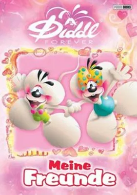 A pink background with cartoon characters and text.