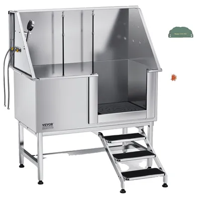 Produktbild von VEVOR Edelstahl Hundewaschstation, 127 cm Haustierpflegebadewanne mit Rampe, PE Wasserfilterplatte, Wasserhahn & Duschkopf & Seifenhalter Hundebadewanne für große, mittlere und kleine Haustiere (Linke Tür), Treppen-Rechts
