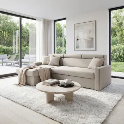Produktbild von Ecksofa Vega L mit Schlaffunktion Zero-Wall Funktion Samtsofa 224 cm Hellbeige