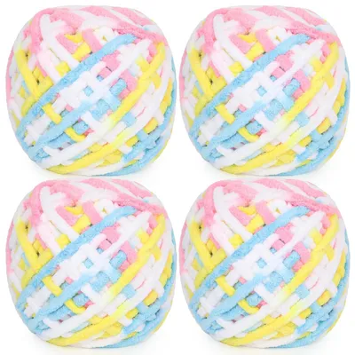 Immagine prodotto di Lana per lavorare a maglia e all'uncinetto, 4 gomitoli da 100g, filato chenille spesso, colori: rosa, giallo, blu, bianco