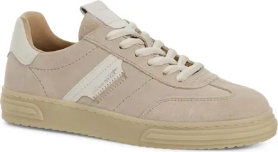 A single beige leather sneaker is shown from a side angle against a white background.