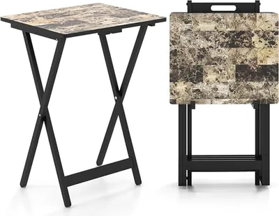 Produktbild von 5-teiliges Klapptisch-Set, 4 rechteckige Holztische mit Ständer, Tragegriff, tragbare Tische für kleine Räume im Innen- und Außenbereich