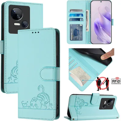 Produktbild von Leder Hülle für Tecno Spark 10 5G Süße Katze Flip Case Brieftasche Schutzhülle mit Standfunktion hellgrün