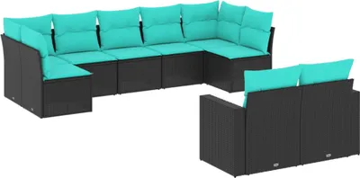 Produktbild von 9-tlg. Garten-Sofagarnitur mit Kissen Schwarz Poly Rattan