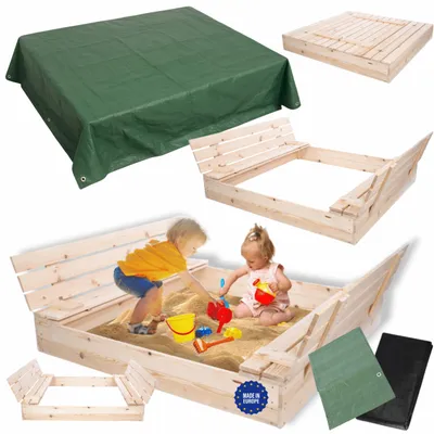 Produktbild von MODO24 Sandkasten Holz, Deckel, Sitzbänke, Schutzplane, Holzsandkasten, Kinder, Garten, 140x137 cm, Natur Imprägniert, PIA