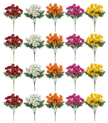 Produktbild von 20 künstliche Chrysanthemen, 20 Köpfe, UV-beständige Kunstseidenblumen mit grünen Blättern, Herbstdekoration für drinnen und draußen, Tischdekoration, künstliche Blüten