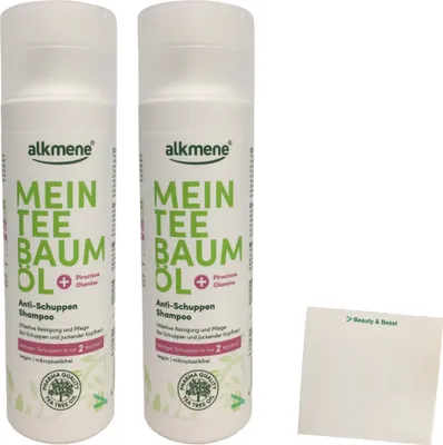 Produktbild von Alkmene Mein Teebaumöl Antischuppen Shampoo 2er Pack (2x200ml Flasche) + usy Block