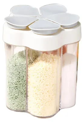 Produktbild von Gewürzflasche 5-in-1, transparent, mit mehreren Fächern, versiegelt, platzsparend, feuchtigkeitsbeständig, Klappdeckel, multifunktional, für Salz, Zucker und Gewürze, Küchenhelfer, Kochutensilien