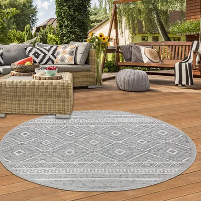 Image de Tapis d'intérieur et d'extérieur en sisal avec motif en losange gris Taille - 120 cm Rond