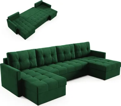 Produktbild von BETTSO Elegantes U-Ecksofa OLIVIA 301 cm mit Schlaffunktion gesteppt Grün DL-Maschine + 2 Behälter