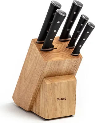 Produktbild von Tefal Ice Force Messerblock aus Holz, 5 Messer, Brotmesser 20 cm, Chefmesser, Santokumesser 18 cm, Gemüsemesser 11 cm, Tranchiermesser 9 cm, Edelstahl, braun/schwarz, K232S5 6-teilig