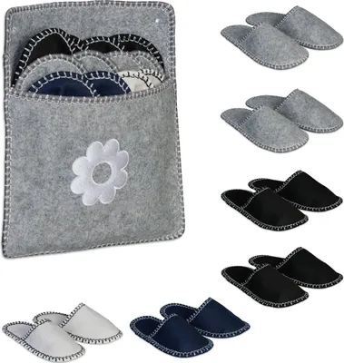 Obrázek produktu pro Relaxdays domácí pantofle, 6 párů, sada pantoflí s taškou, velikosti 36–45, plstěné pantofle, protiskluzová podrážka, vícebarevné