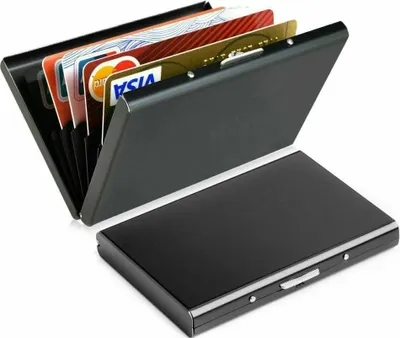A black metal cardholder with several credit cards inserted is shown with its lid open, and the closed lid is in the foreground.