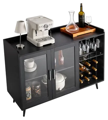 Image de Armoire à vin SucceBuy avec porte-verres, buffet avec éclairage LED et casiers à bouteilles (pour 9 bouteilles), meuble bar pour la cuisine, le salon et la salle à manger, noir