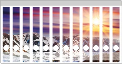Produktbild von Wallario Ordnerrücken Sticker, selbstklebend für schmale Ordner, 12 Stück, Motiv Farbenfroher Sonnenuntergang im Winter - Schnee in den Bergen